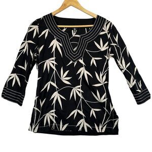 TALBOTS Embroidered Black & White Bamboo 3/4 Sleeve Top‎ Size Small Cotton